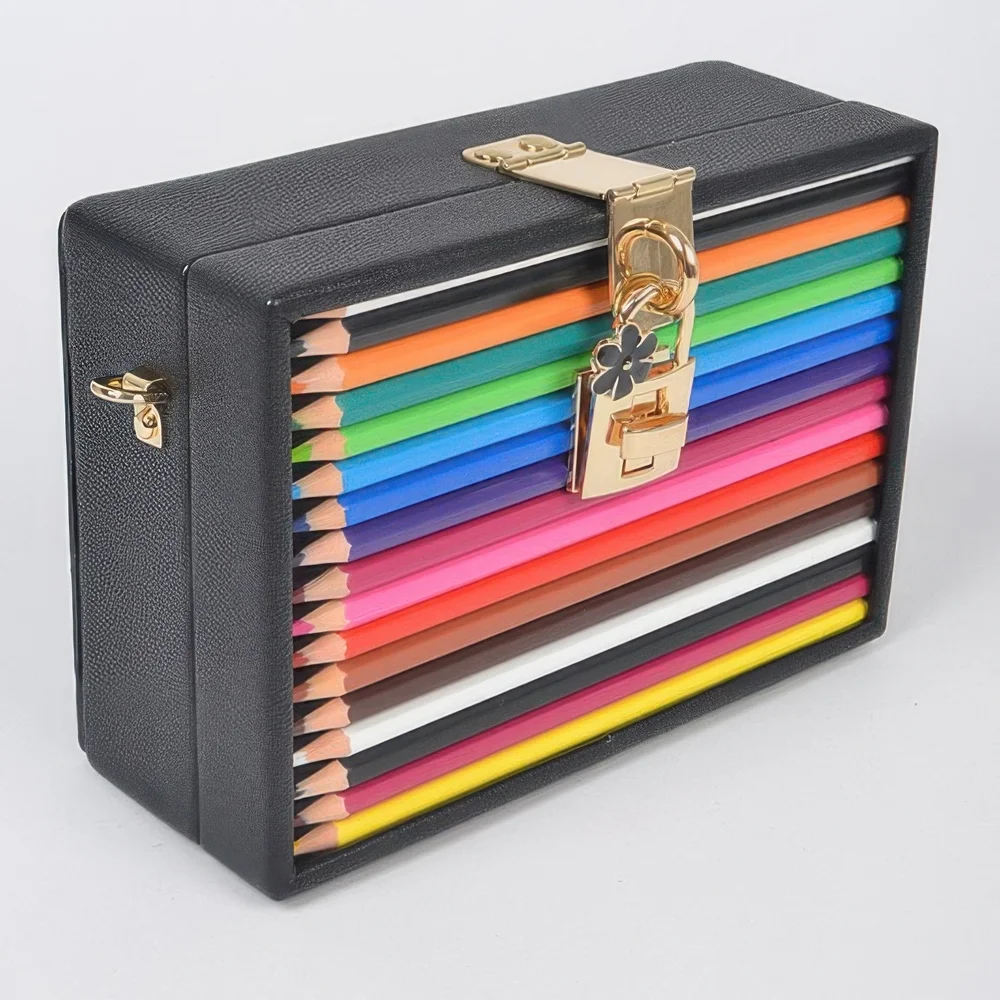 Multicolor Pencil Design Clutch with‎ Gold Accents